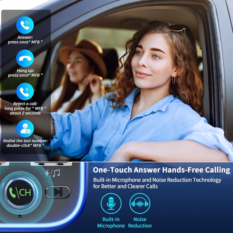 SONRU Bluetooth 5.3 FM Transmitter, Wireless Radio Adapter Car Kit, Audio Receiver Car Charger, Wireless FM Radio Transmitter, Hands-Free Calling and 2 USB Ports Charger, HiFi Treble & Bass Player - Image 3